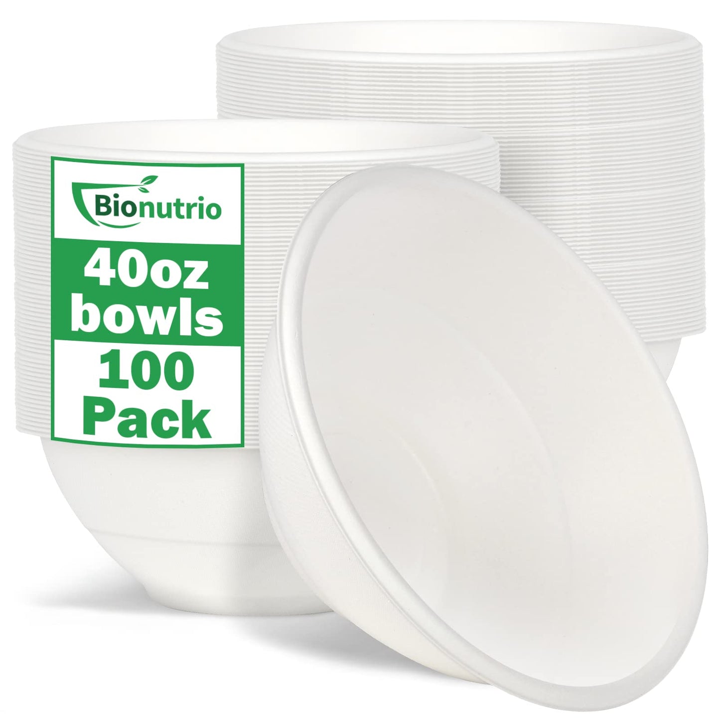 Bionutrio 40oz Large Paper Bowls Disposable, 100 Pack Heavy Duty, Compostable White Sugarcane Bowls For Cereal, Salads, Hot & Cold Food