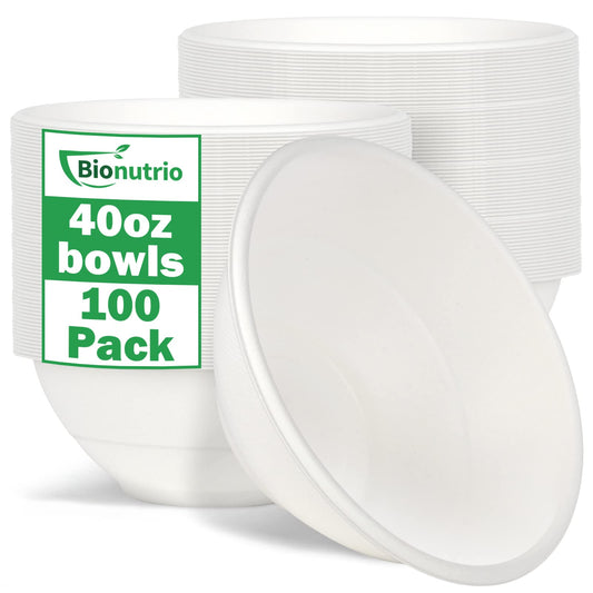 Bionutrio 40oz Large Paper Bowls Disposable, 100 Pack Heavy Duty, Compostable White Sugarcane Bowls For Cereal, Salads, Hot & Cold Food