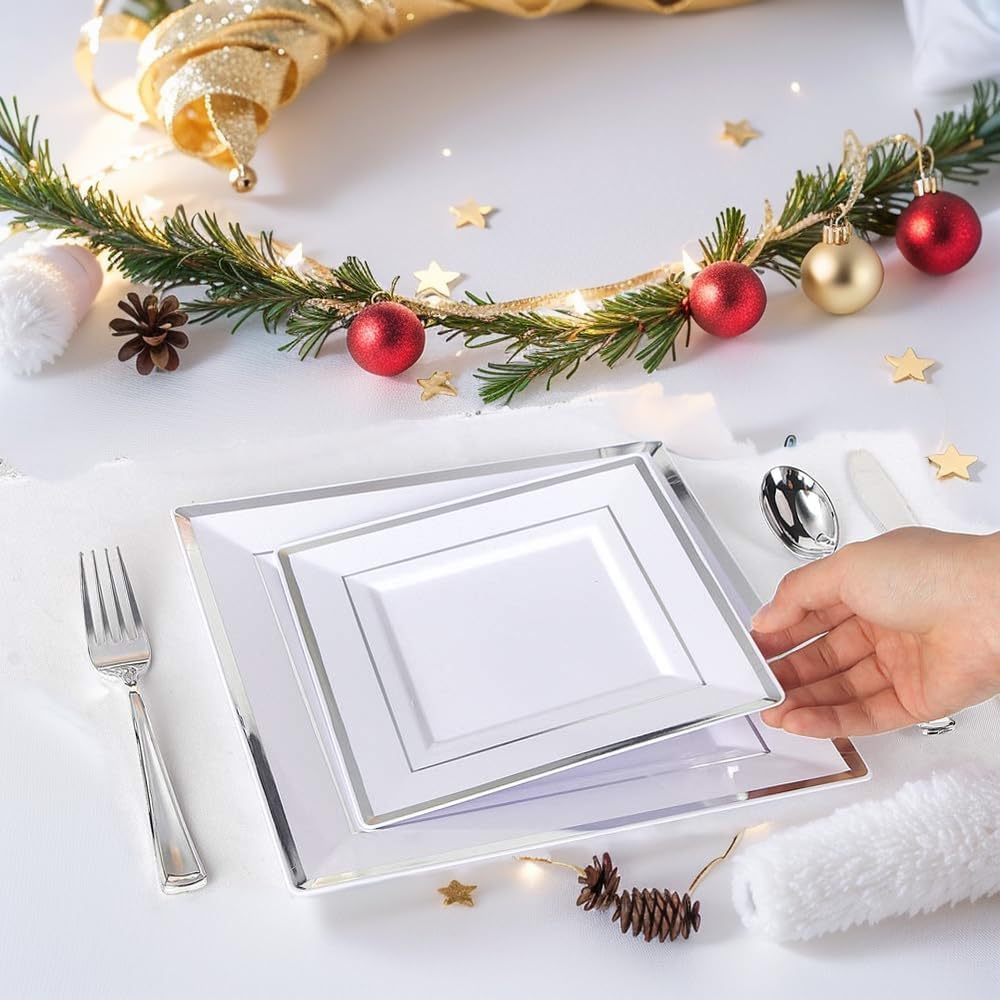 175 Pcs Silver Square Plate with Disposable Silverware, Silver Plastic Dinnerware Set for 25 Guests, Including 25Dinner Plates, 25Dessert Plates, 25Cups, 25Napkins, 25Cutlery Set