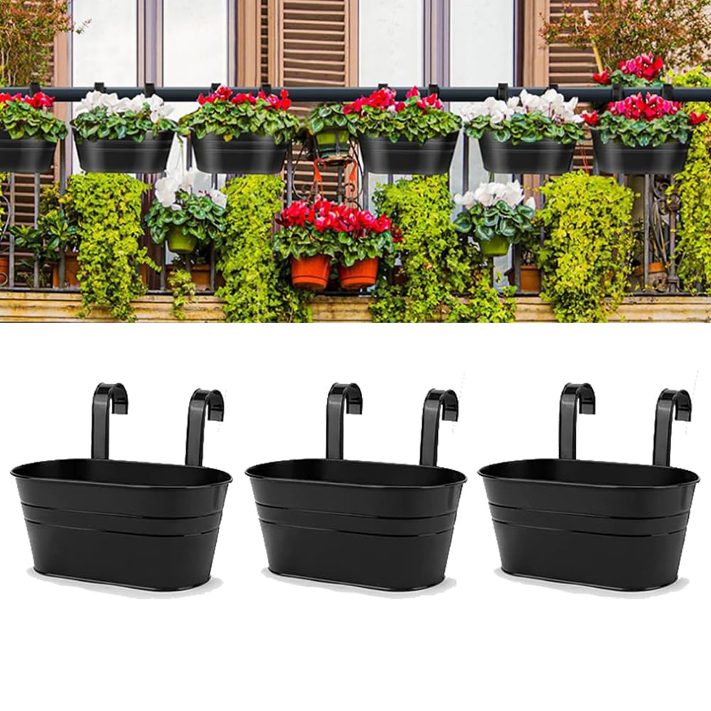 6 Pack Metal Iron Hanging Flower Pots Metal Hanging Planters with Hooks Oval Railing Fence Hanging Bucket Pots Wall Mounted Garden Bucket Flower Holders Window Flower Plant Holder