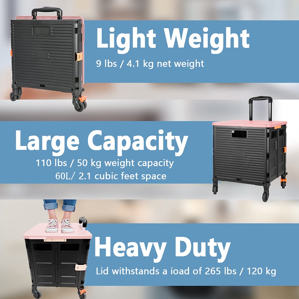 Foldable Utility Cart Folding Portable Rolling Crate Handcart with Durable Heavy Duty Plastic Telescoping Handle Collapsible 4 Rotate Wheels for Travel Shopping Moving Luggage Office Use (Black+Pink)