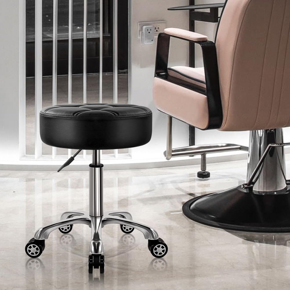 WKWKER Heavy Duty Rolling Stool with Wheels Hydraulic Lift 360 Swivel Adjustable Rolling Stool Thick Leather Ergonomic Seat Stool Chair for Kitchen Drafting Lab Office Salon Message Stool Black