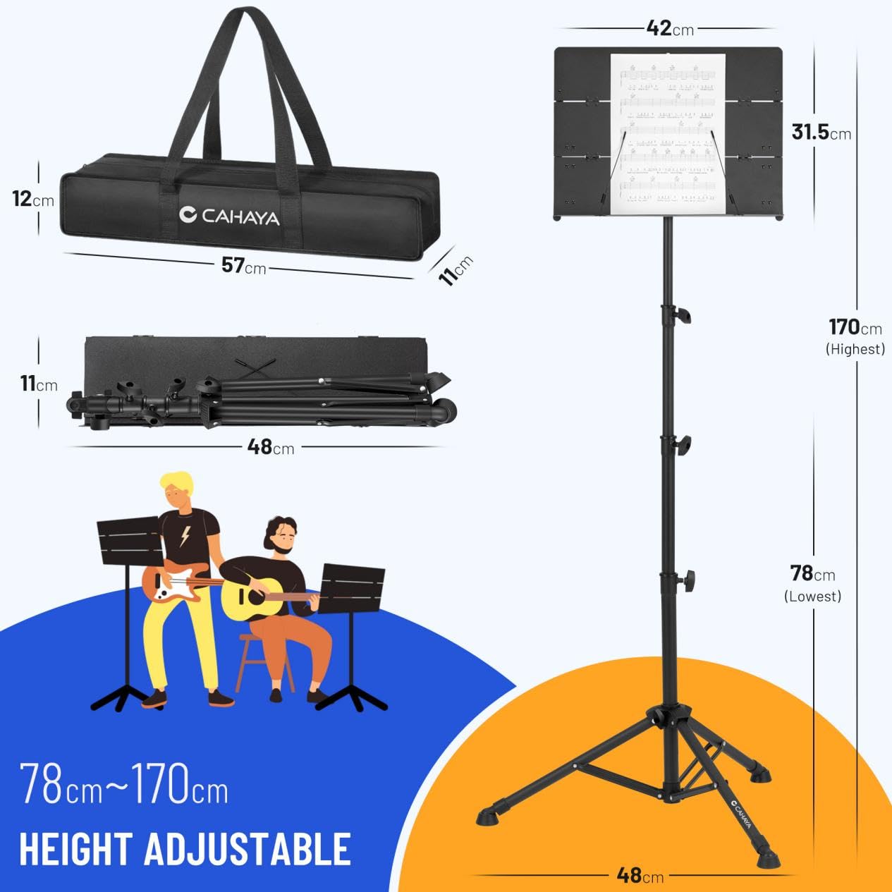 CAHAYA Sheet Music Stand Foldable: Music Stands with Tri-fold Panel Height Adjustable up to 170cm Metal Material Portable Sturdy for Music Book Laptop Notebook