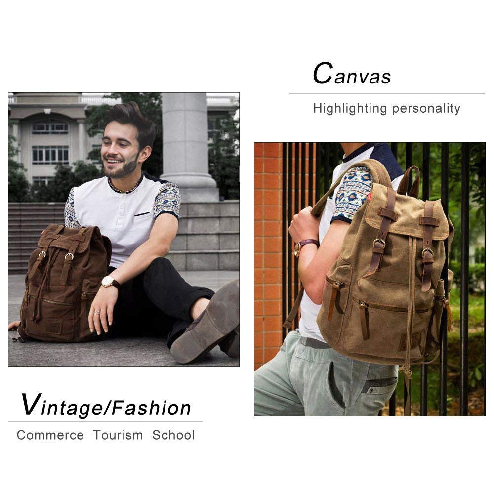Koolehaoda Vintage Canvas Backpack Leather Rucksack Knapsack Unisex Casual Backpack 17inch Laptop Backpack Hiking Bag(L-Coffee)