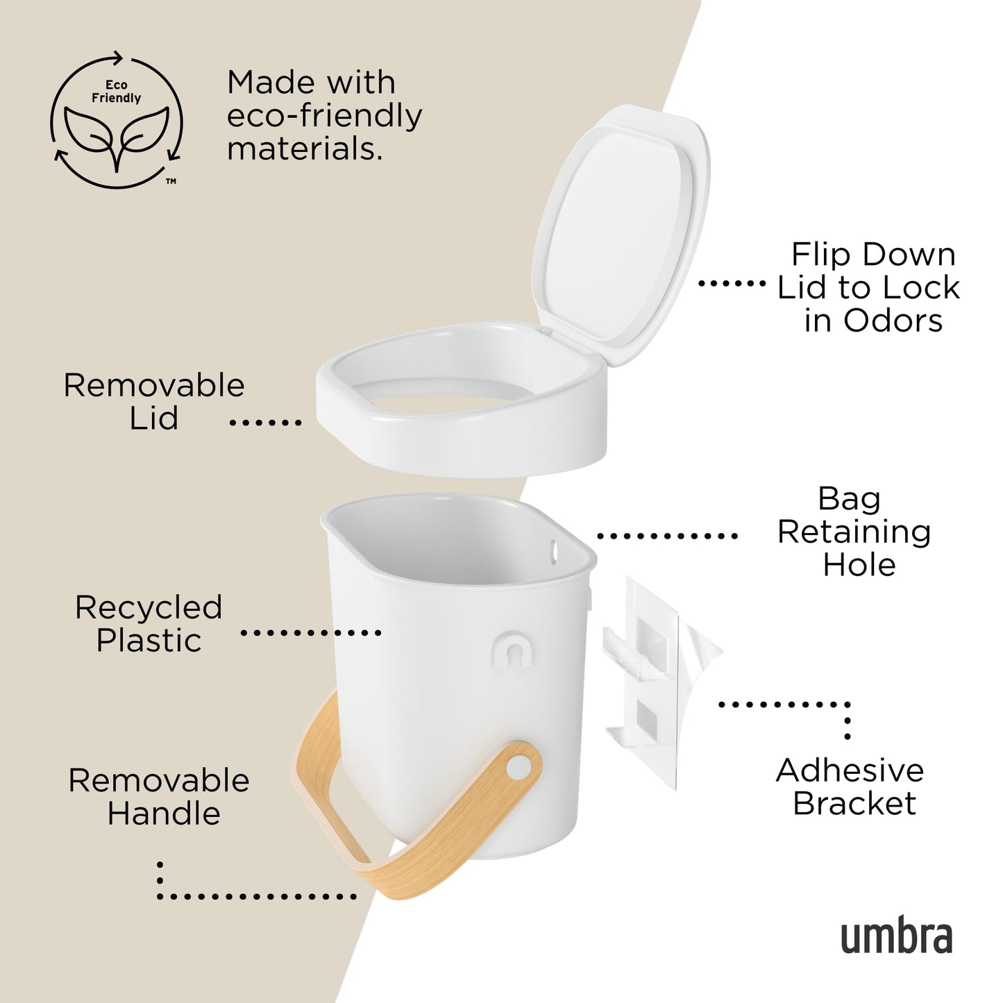 Umbra Bellwood Kitchen Compost Bin – White/Natural, Countertop or Cabinet Mounted, 6L Compost Container with Hidden Bag Retainer, BPA-Free & Dishwasher Safe| Bellwood Collection