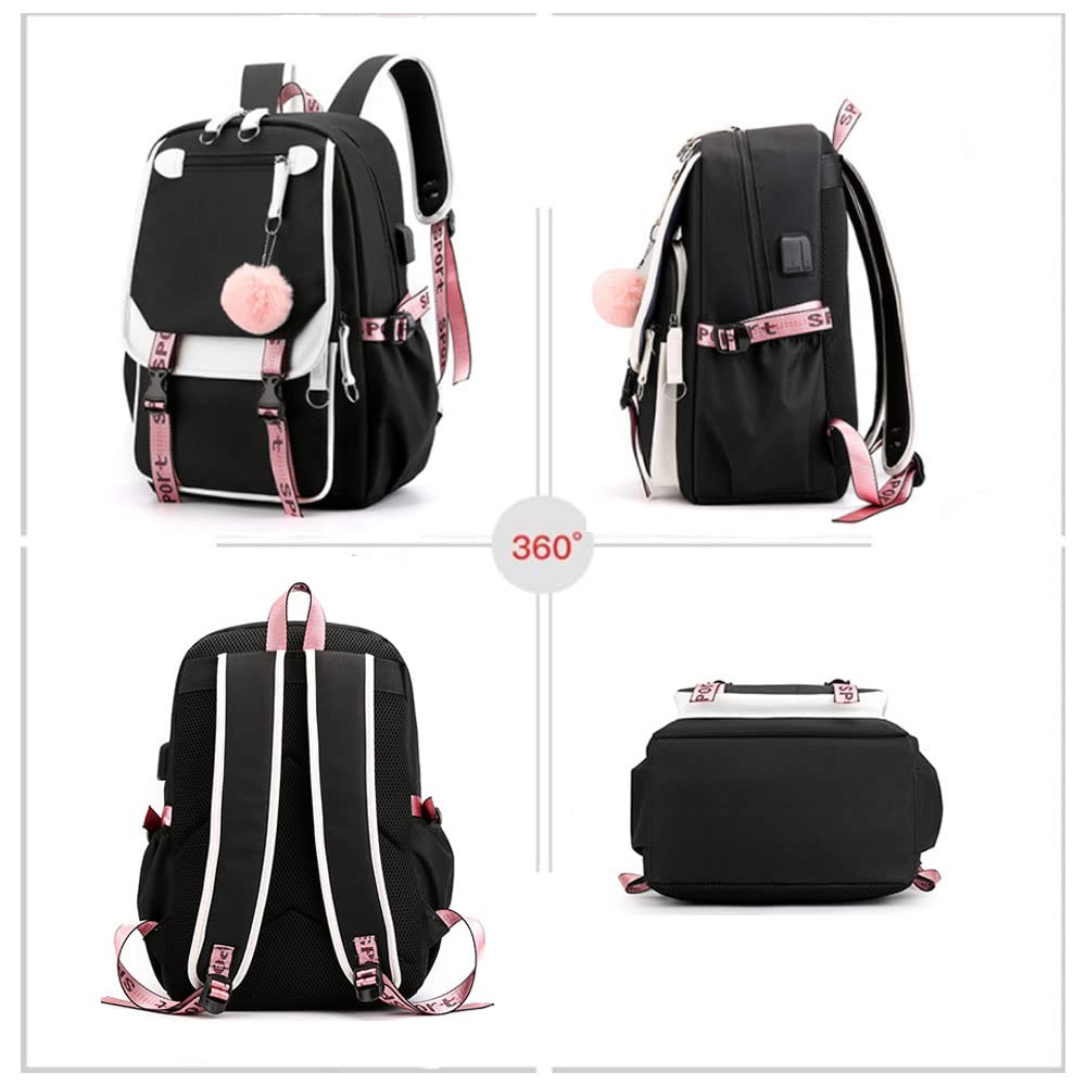 Kids Backpacks For Teen Girls With USB Port, cute black backpack Can Hold 15.6in Notebook,Tablets.Girls Backpack Can Be Used As Gift for Students Or Friends(Black)