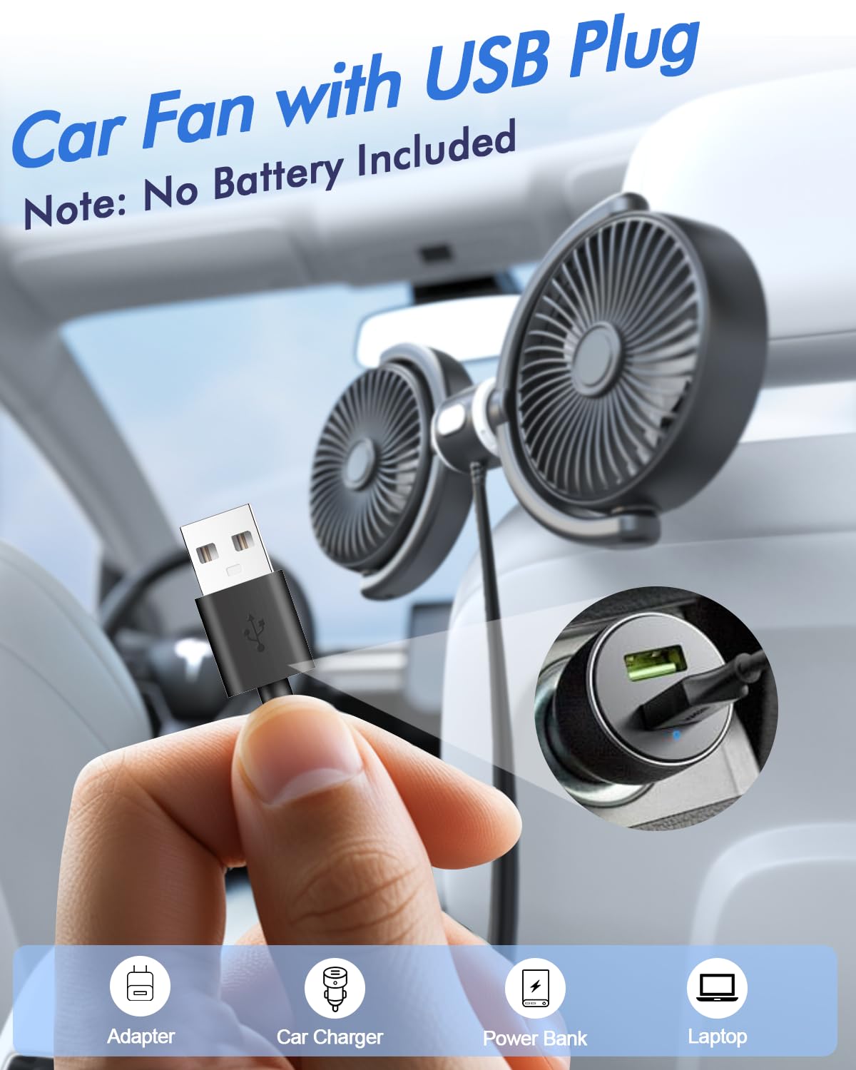 Dual Head Car Fan for Backseat: USB Powered Car Cooling Fans for Baby 3 Speeds 360°Rotatable Quiet Vehicle Rear Seat Headrest Fans 5V for Sedan SUV RV Truck (Black+Grey)