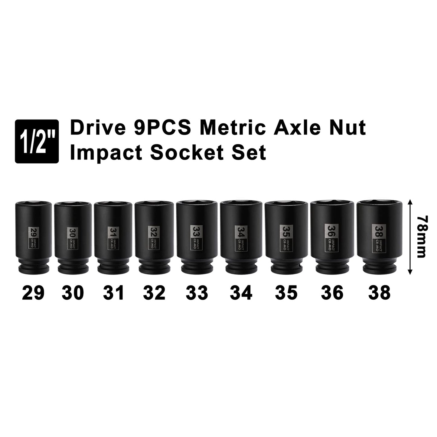 Mayouko 9PCS 1/2 Inch Drive Deep Metric Impact Socket Set, 29mm - 38mm, Spindle Axle Nut Sockets, Metric, Deep, 6-Point, CR-MO