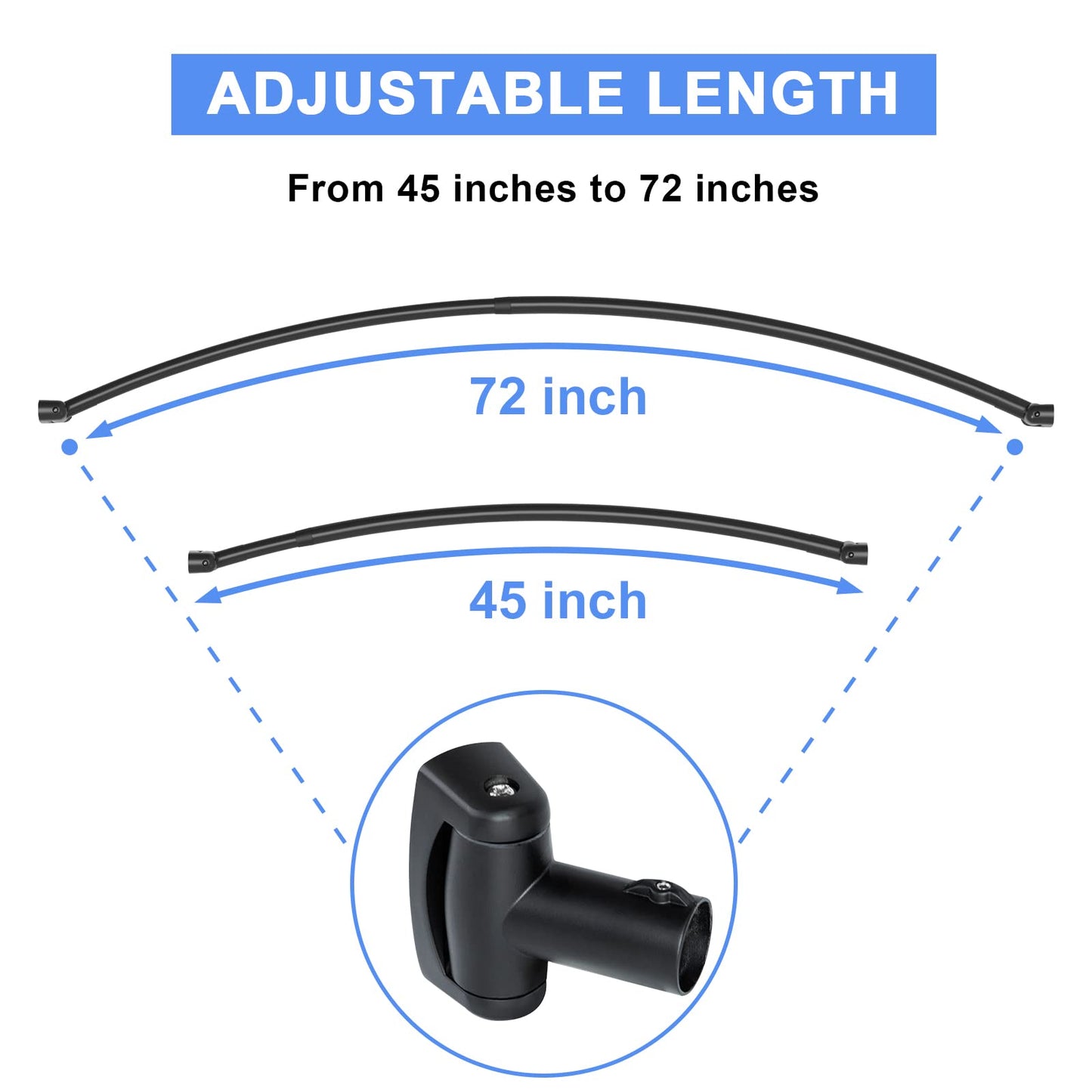 Tlooe Curved Shower Curtain Rod, 45-72 Inches Adjustable Curved Shower Rod, Rustproof Round Never Fall Shower Rods for Bathroom, Telescoping Design, Need to Drill, Black