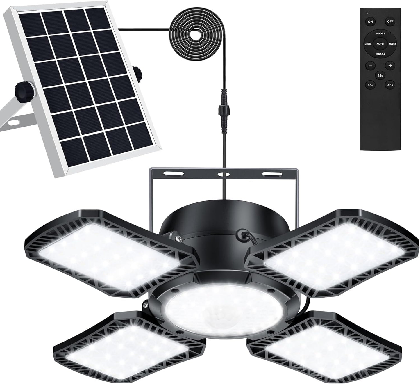 Solar Pendant Lights Solar Indoor/Outdoor Light with Motion Sensor, 4 Lighting Modes with Remote Control, 176 LED 1000LM Solar Powered Shed Lamp for Gazebo Garage Shop Barn Home House Porch