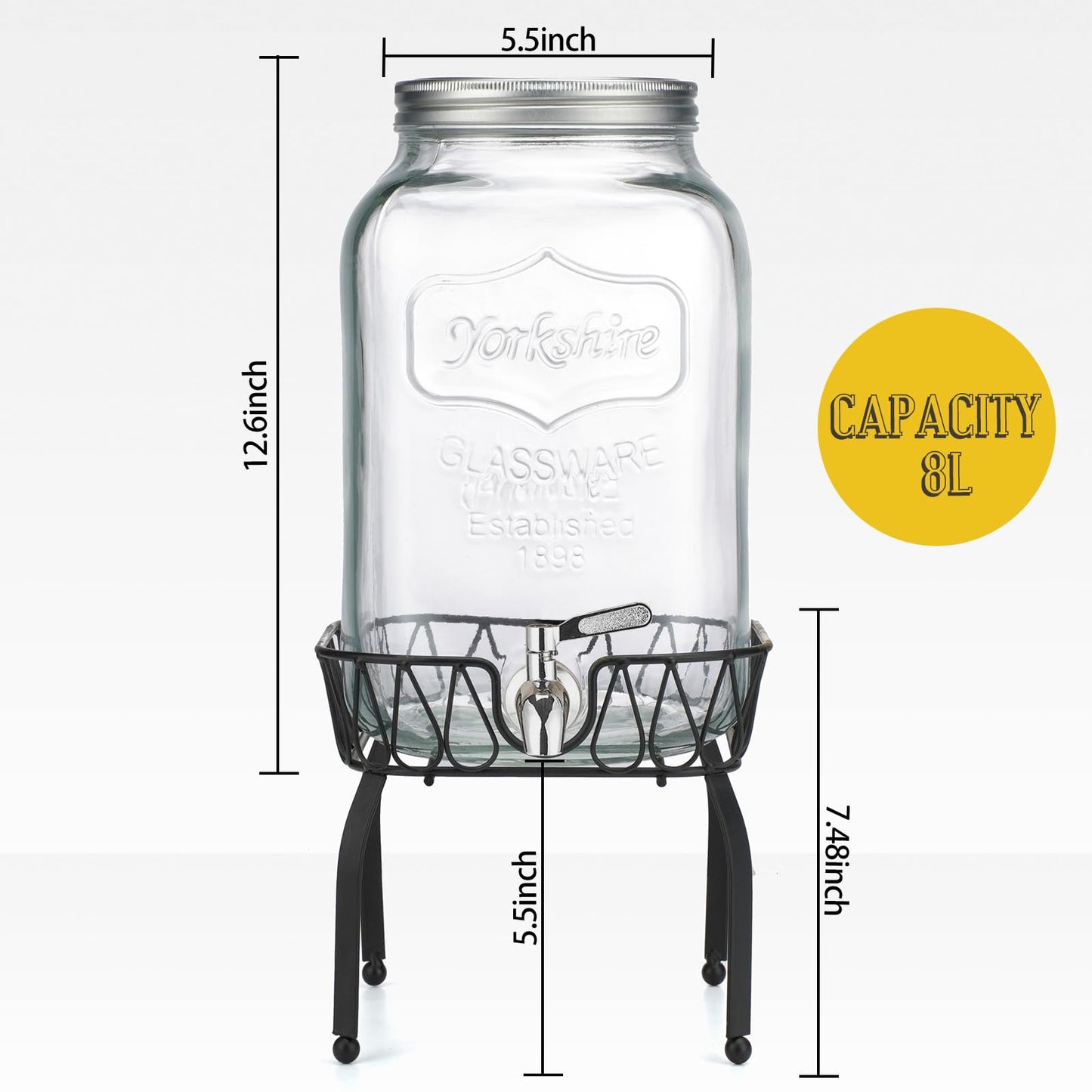 2 Gallon Glass Beverage Dispenser with Stand and Lid, Stainless Steel Leakproof Spigot- 100% Leakproof Glass Drink Dispensers for Parties, Weddings