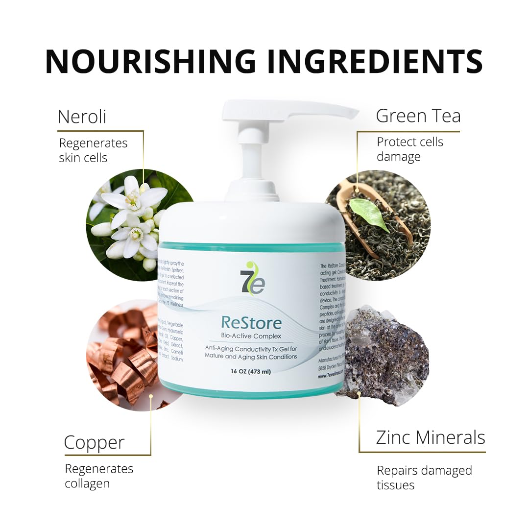 7E Wellness Myolift Restore Conductive Gel with Bio-Active Complex - 16oz - Facial Skin Care Products with Green Tea Extract, Hyaluronic Acid&Collagen Peptides,Anti Aging &Skin Tightening 16oz-Pack 1