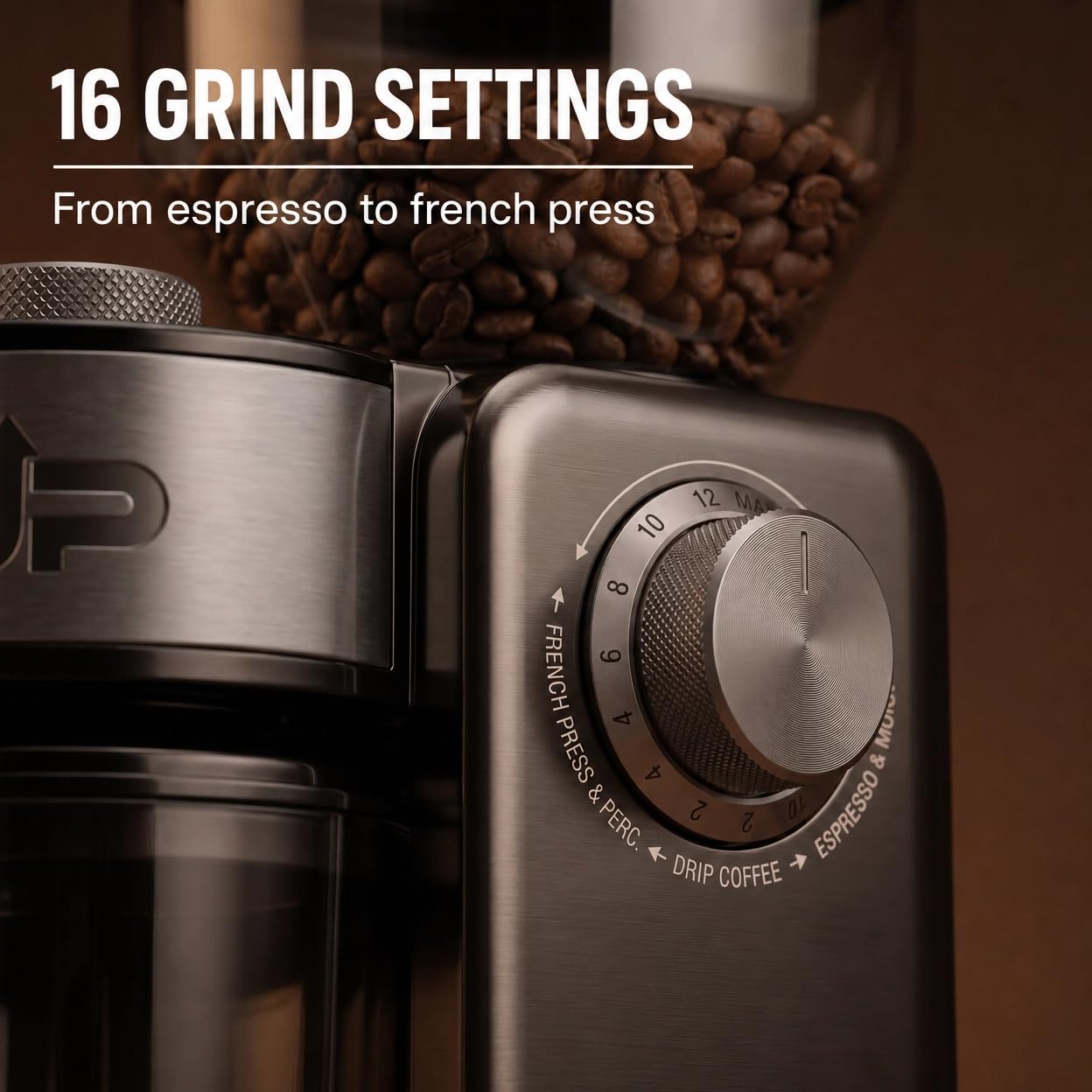 Electric Burr Coffee Grinder, Flat Burr & 16 Precise Grind Settings, Stainless Steel Bean Grinder for Espresso, French Press & Drip, Portion Control, Easy Clean, 2-14 Cup