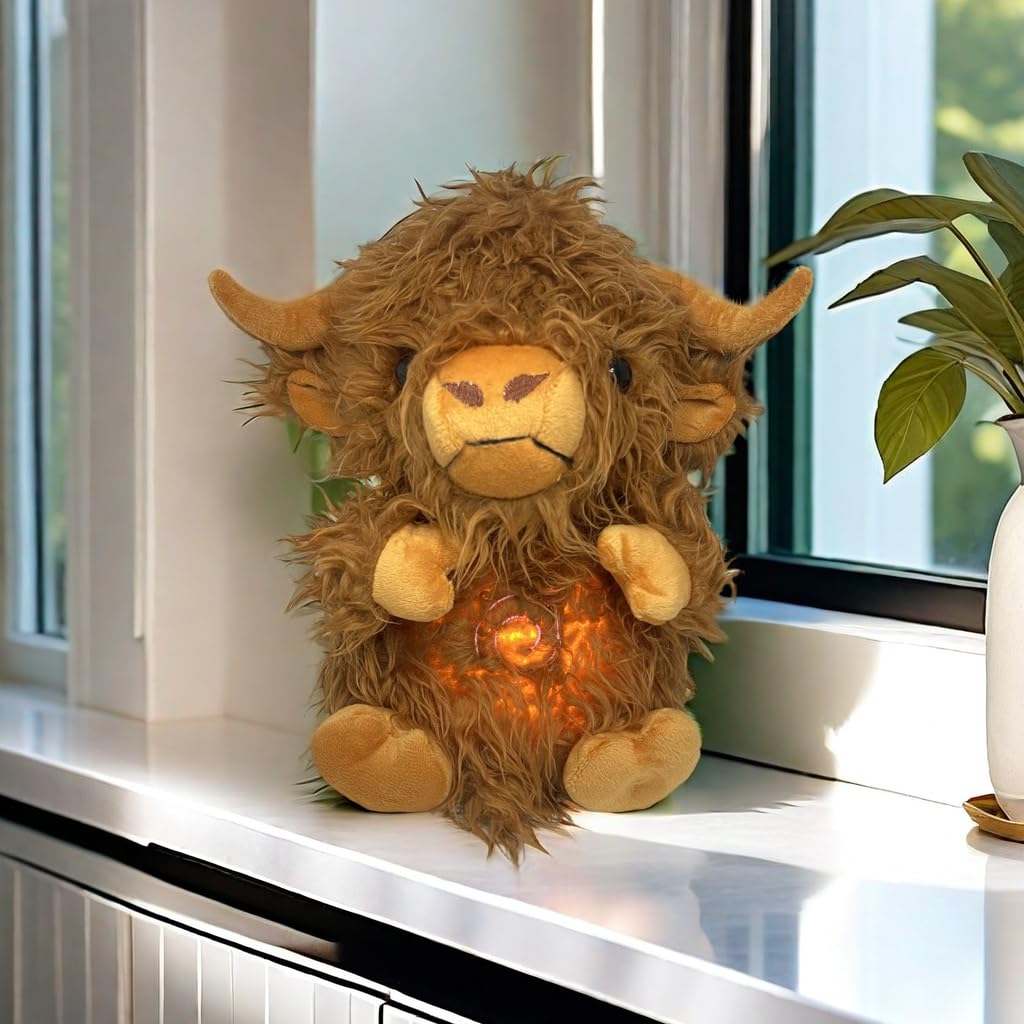 Soothing Snuggle Cute Highland Cow Stuffed Animal with Realistic Breathing Action and Lighted Music, Sleeping Cow Plush Toy (13.5-inch)