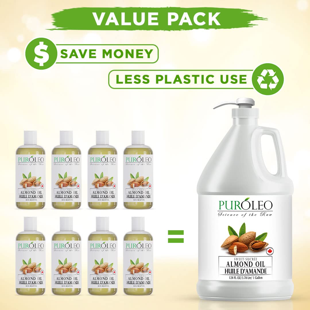 PUROLEO Sweet Almond Oil 128 Fl Oz/3784 ML (Packed In Canada) Pure Almond Oil for Skin, Hair, & Body | Organic Carrier Oil & Body Oils For Women | Almond Butter Hair Oil, Body Oil, Baby Oil, Massage Oil huiles essentielles Amande Douce Huile Massage