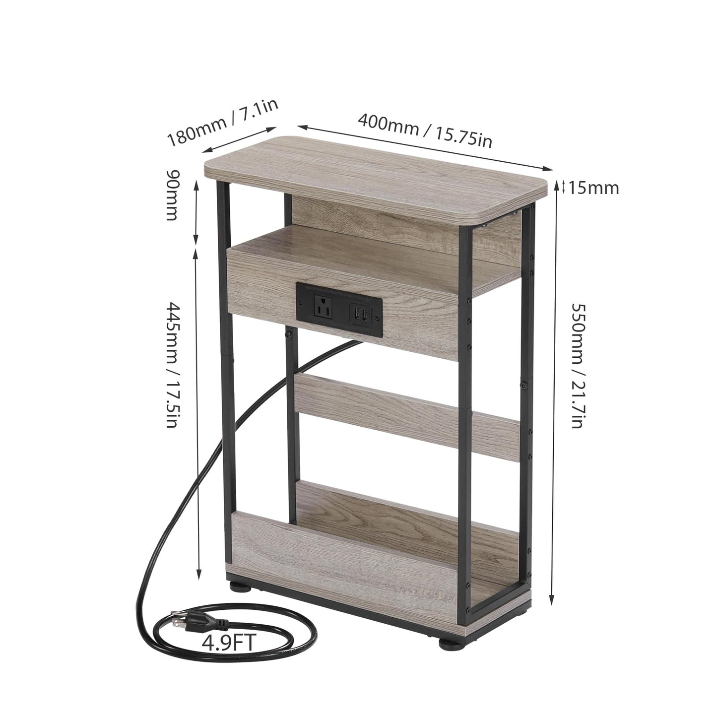 Small Narrow Side Table with Charging Station for Small Space, 3-Tier Accent Couch Beside Table with USB Ports & Power Outlets, Sofa Side Table for Living Room Bedroom Apartment (USB Charger, Oak)