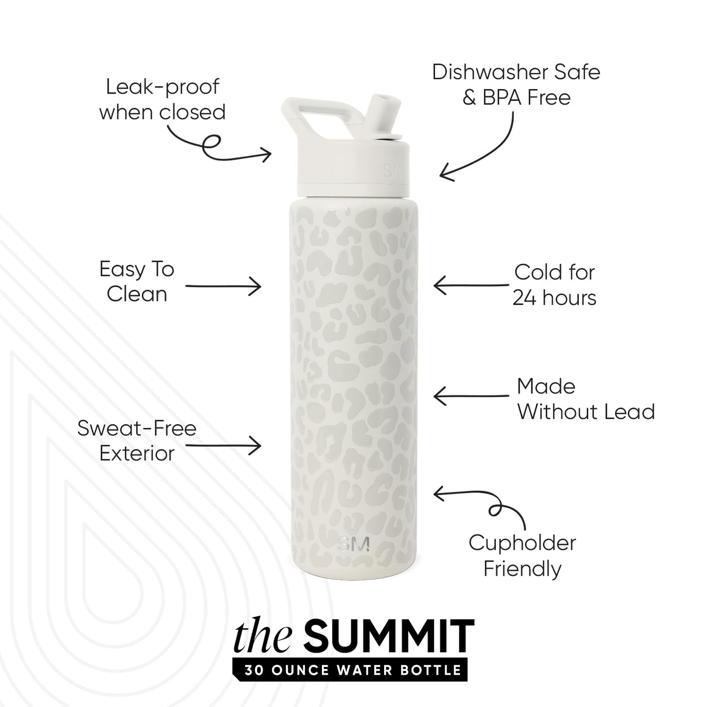 Simple Modern Water Bottle with Straw Lid | Vacuum Insulated Stainless Steel Metal | Reusable Leak Proof BPA-Free Flask for Sports Gym | Summit Collection | 30oz, Cream Leopard