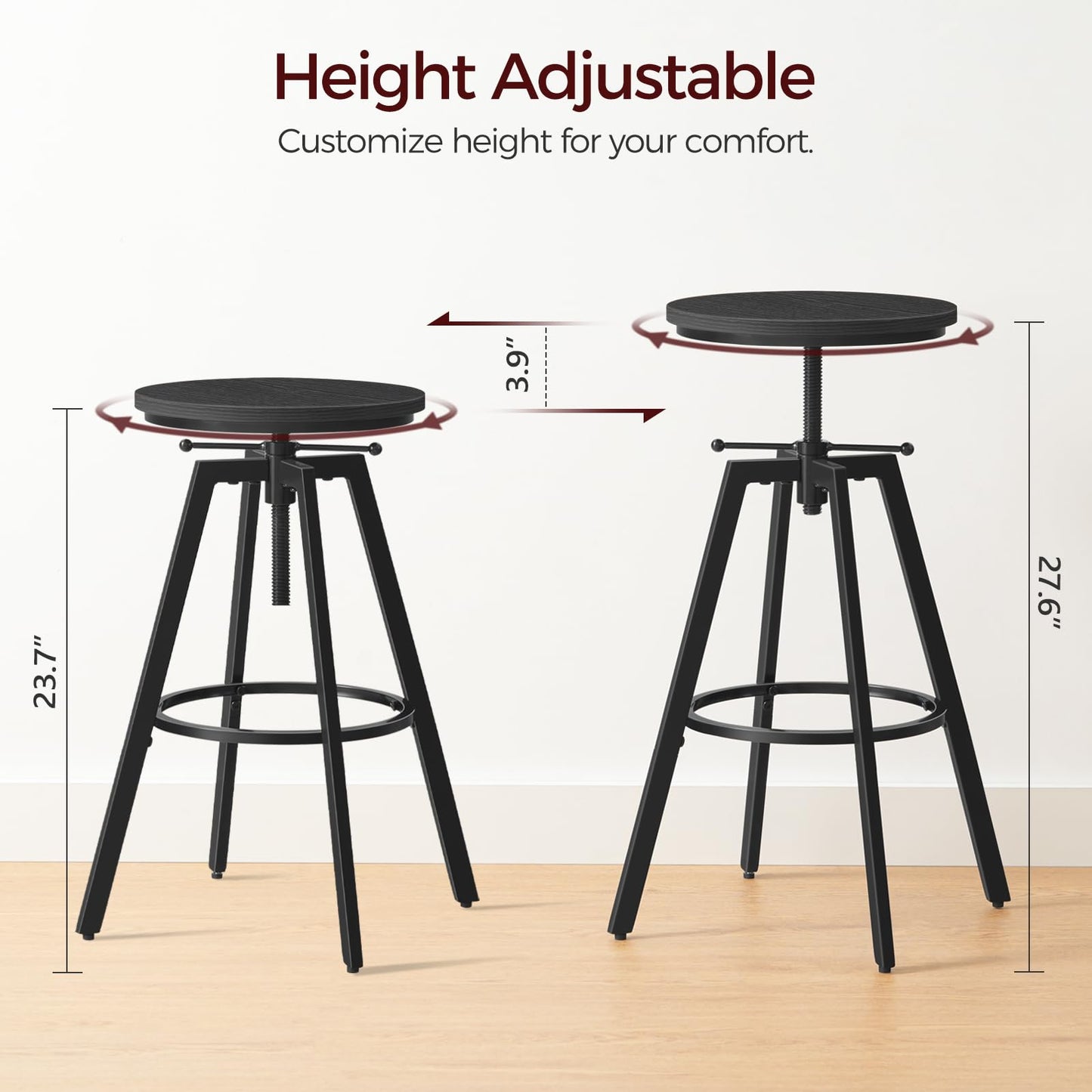MAHANCRIS Bar Stools, Round Bar Chairs with Sturdy Metal Frame, Set of 2 Industrial Bar Stools, Height Adjustable, Kitchen Breakfast Stools, for Bar, Dining Room, Black BAHB0701
