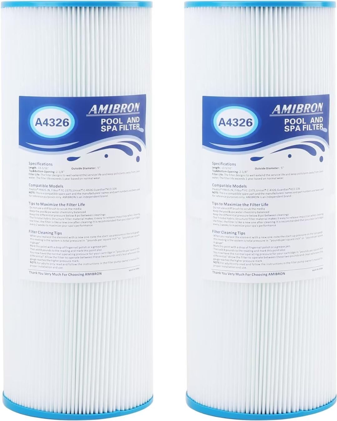 AmiBbon PRB25-IN Spa Filters, Replaces for Unicel C-4326, Filbur FC-2375, FC-2370, Guardian 413-106, 817-2500, 17-2327, 33521, 25392, 303909, R173429, 25 sq.ft. 5X13 Drop in Hot Tub Filter 2 Pack