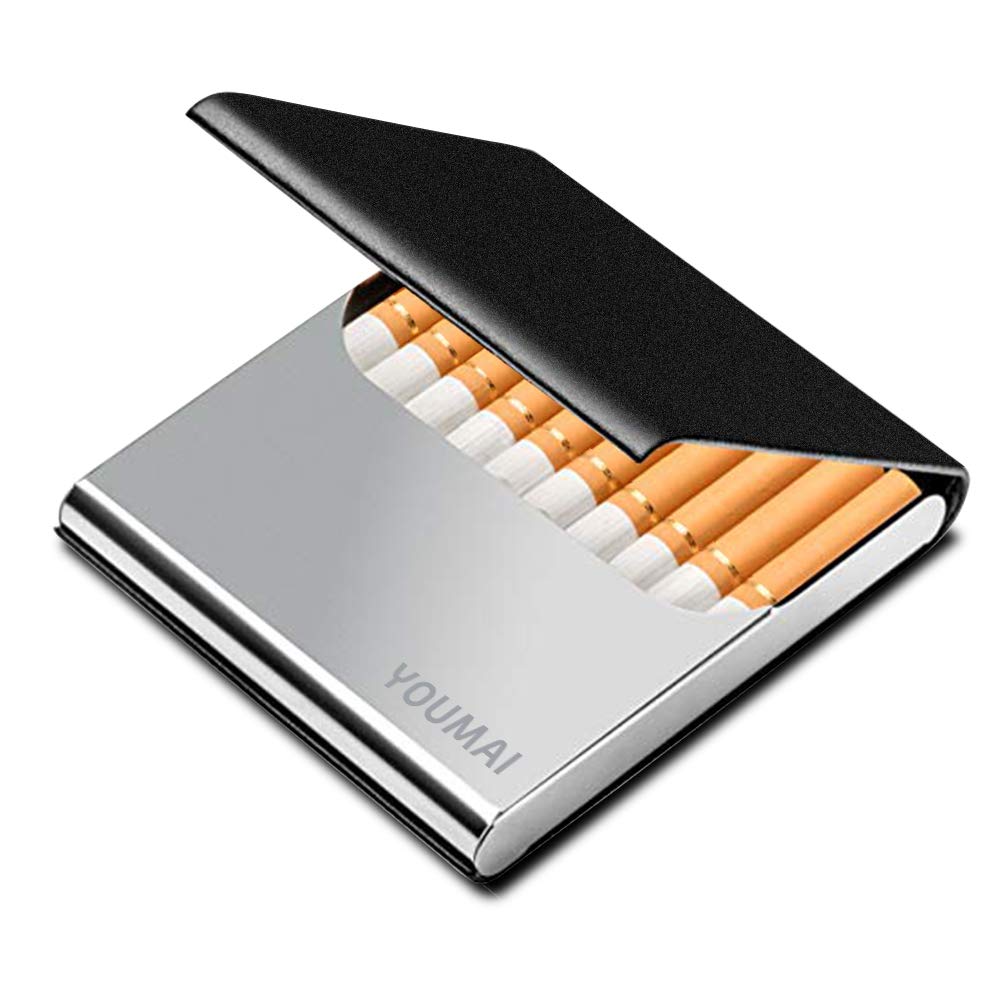Portable Slim Leather Cigarette Case Ultrathin Lightweight Pocket Carrying Box for Hold 10 Regular Size (Black)