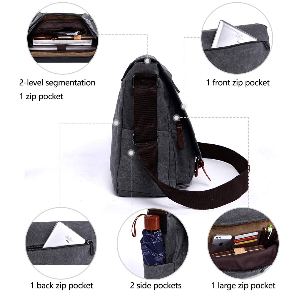 TELOSPORTS Large Canvas Messenger Shoulder Bag Multi-Pocket Crossbody Bags Vintage Business Bag for 15 Inch Laptop (black)