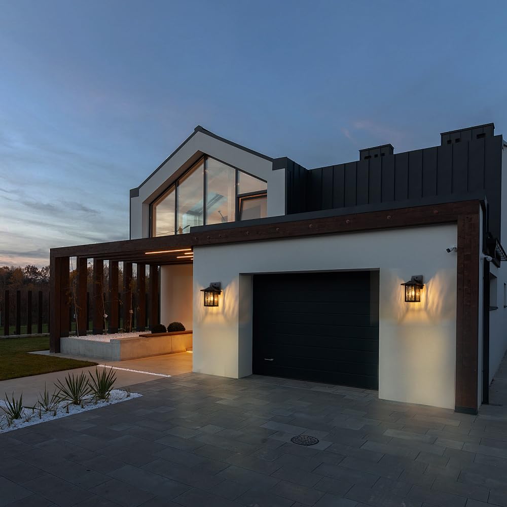 OUPAVOCS Outdoor Wall Lights with Motion Sensor, Dusk to Dawn Porch Light Sconce, Mate Black Exterior Wall Lantern with Water Glass, Patio Lighting Fixtures Wall Mount for House, Set of 2