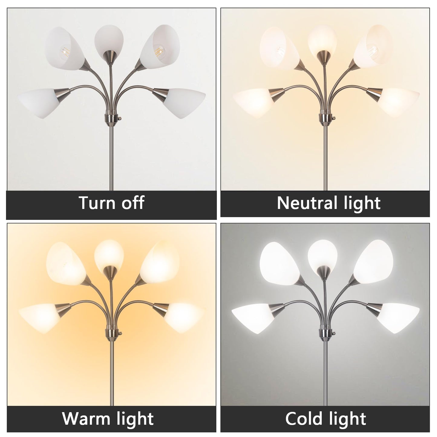 HonoDing Medusa Floor Lamps Standing Lamps 5 Heads Adjustable Reading Light Large Shade Use E26 A19 Bulb Floor Lamps for Living Room Bedroom (Satin Nickel)