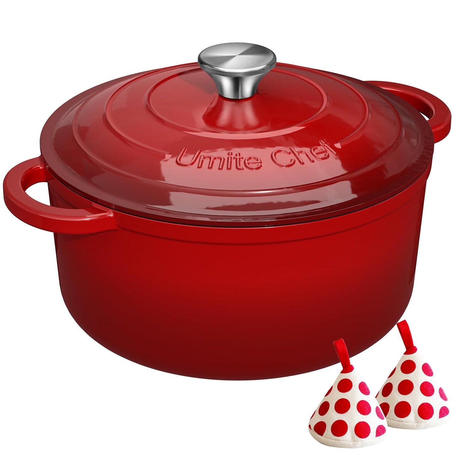 Enameled Cast Iron Dutch Oven - Umite Chef 5QT Pot with Lid & Cotton Potholders - Heavy-Duty Cookware for Bread Baking, Braising, Stews, Roasting (Red)