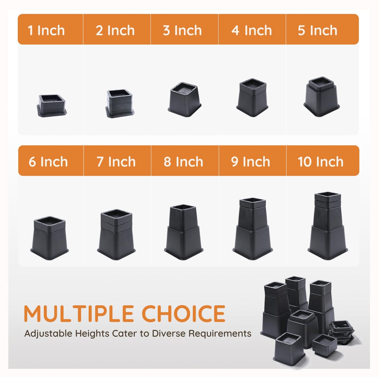 Bed Risers, Oversized Furniture Risers, 1/2/3/4/5/6/7/8/9/10 inches Adjustable Raise Blocks for Bed Couch Desk Sofa Table Lifts, Furniture Legs Lifters Support up to 6000 Lbs (Black, 4 Pack Set)