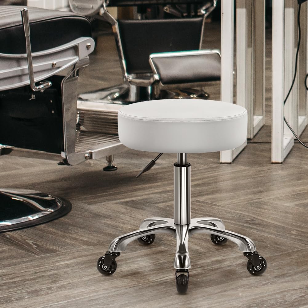 WKWKER Heavy Duty Rolling Stool with Wheels Hydraulic Swivel Adjustable Rolling Stool Ergonomic Thick Leather Seat Stool Chair for Kitchen Drafting Lab Office Salon Message Stool (White)