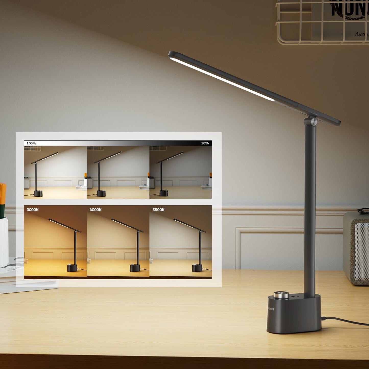 Honeywell Upgraded LED Desk Lamp - H01Pro Sunturalux™ Eye-Caring Table Lamp for Home Office College Dorm, Stepless Dimmable Small Desk Light Foldable Reading Desk Lamp for Studying Working（Black