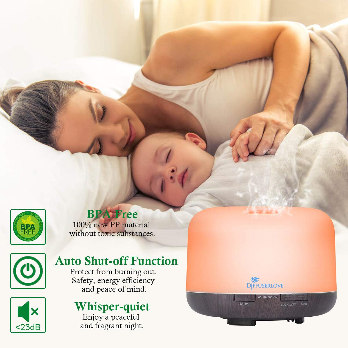 Diffuserlove Essential Oil Diffuser 500ML Aromatherapy Diffuser Mist Humidifiers 7 Color LED Lights Diffusers for Home Office Bedroom (Size:6.7" L x 6.7" W x 4.7" H)