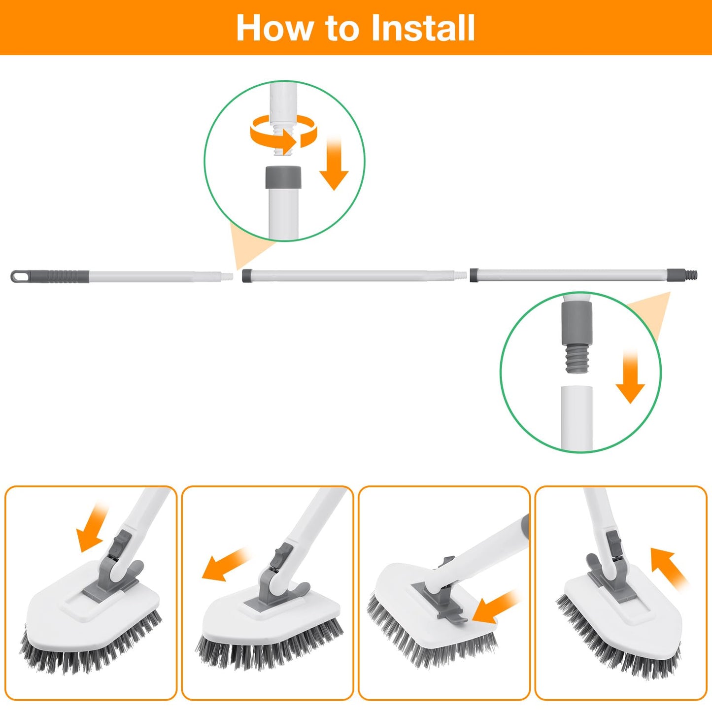 4 in 1 Shower Scrubber Cleaning Brush, Tub and Tile Scrubber with Long Handle, Grout Brush Stiff Bristles Scrub Sponge Brushes Microfiber Pad, for Toilet Bathroom Kitchen Wall Floor Glass Bathtub Sink