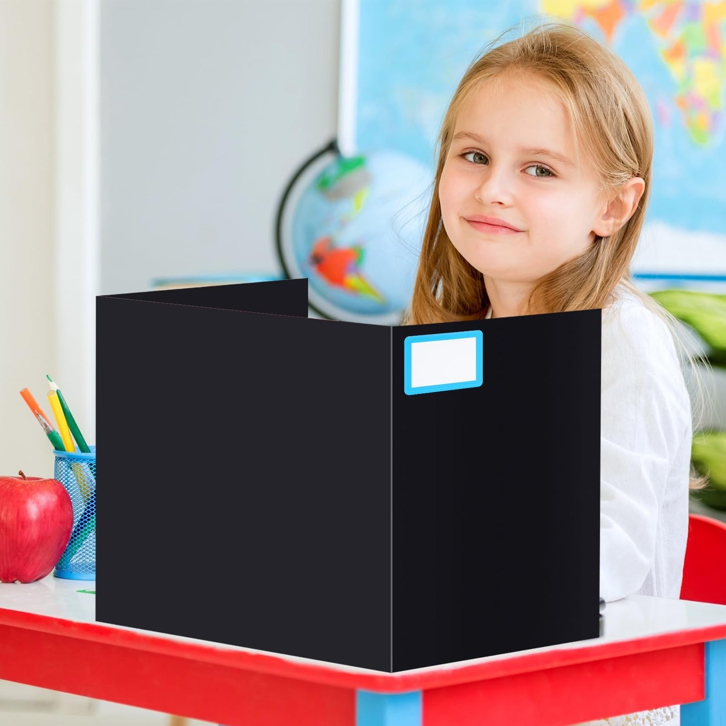 YWLVLI 24 Pack Black Desk Dividers for Students, Privacy Shields Folder for Students, Durable & Waterproof Plastic Study Board, Classroom Teacher Supplies Test Divider, Includes 40pcs Extra Labels
