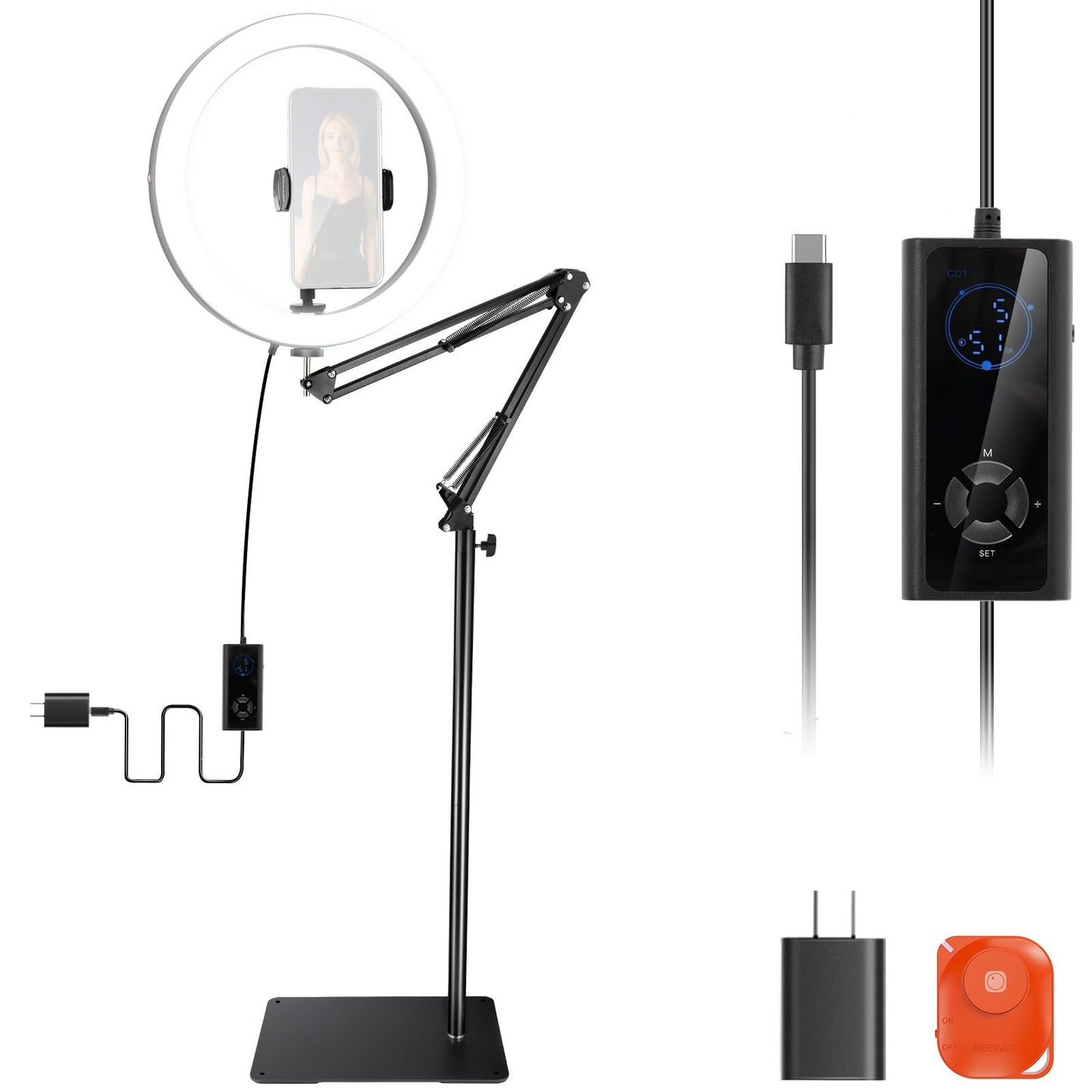 NEEWER 12" 24W High Power LED Ring Light Compatible with iPhone, 60" Overhead Folding Light Stand/Phone Holder Mount for Video Recording Selfie Makeup Streaming, 2900-7000K USB C PD Input CRI97+, RH12