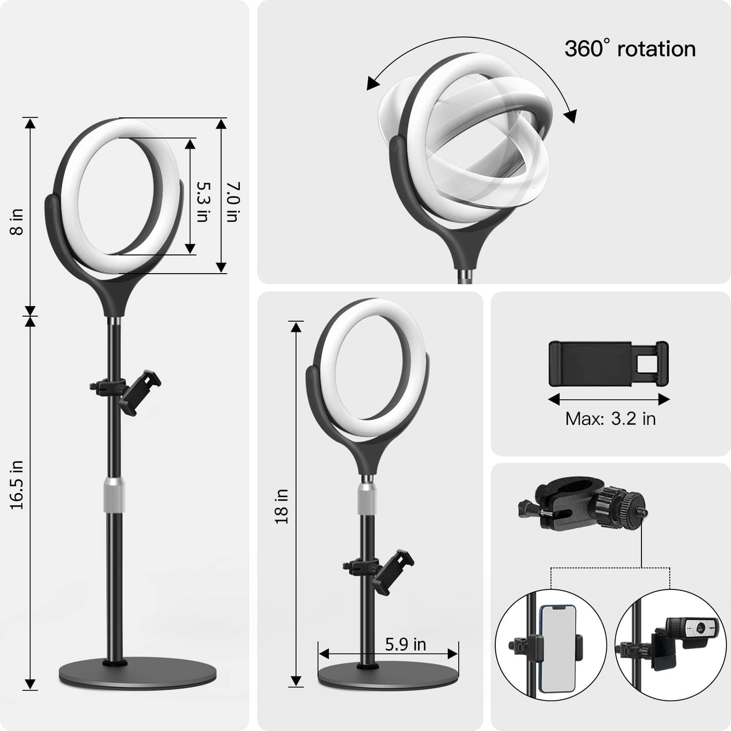 Desk Ring Light with Stand and Phone Holder-Laptop Ring Light for Zoom Meeting-Computer Light for Video Conferencing-Led Streaming Light for YouTube Tiktok Vlogging Video Recording Makeup (Black)