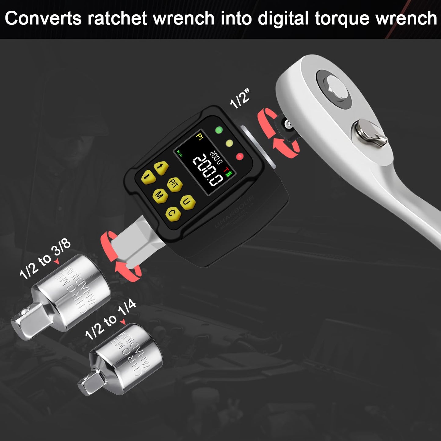 Uharbour Digital Torque Adapter 1/2 Inch 10-200 Nm, Torque Wrench Digital with LCD Display, Peak/Track Mode, Buzzer and LED Display, ±2% Error Accuracy, for Car, Bike, Motorcycle