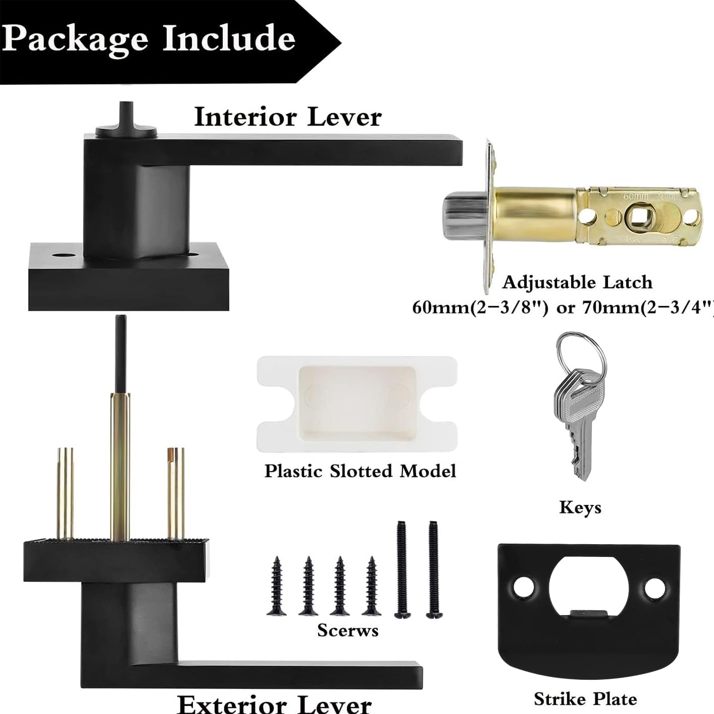 Entry Door Handle Lever with Lock Key, Black Square Heavy Duty Door Knob for Use Entry, Passage, Bathroom, Office, Bedroom, Front Entrance Exterior Interior, Rust-Proof Black Coating
