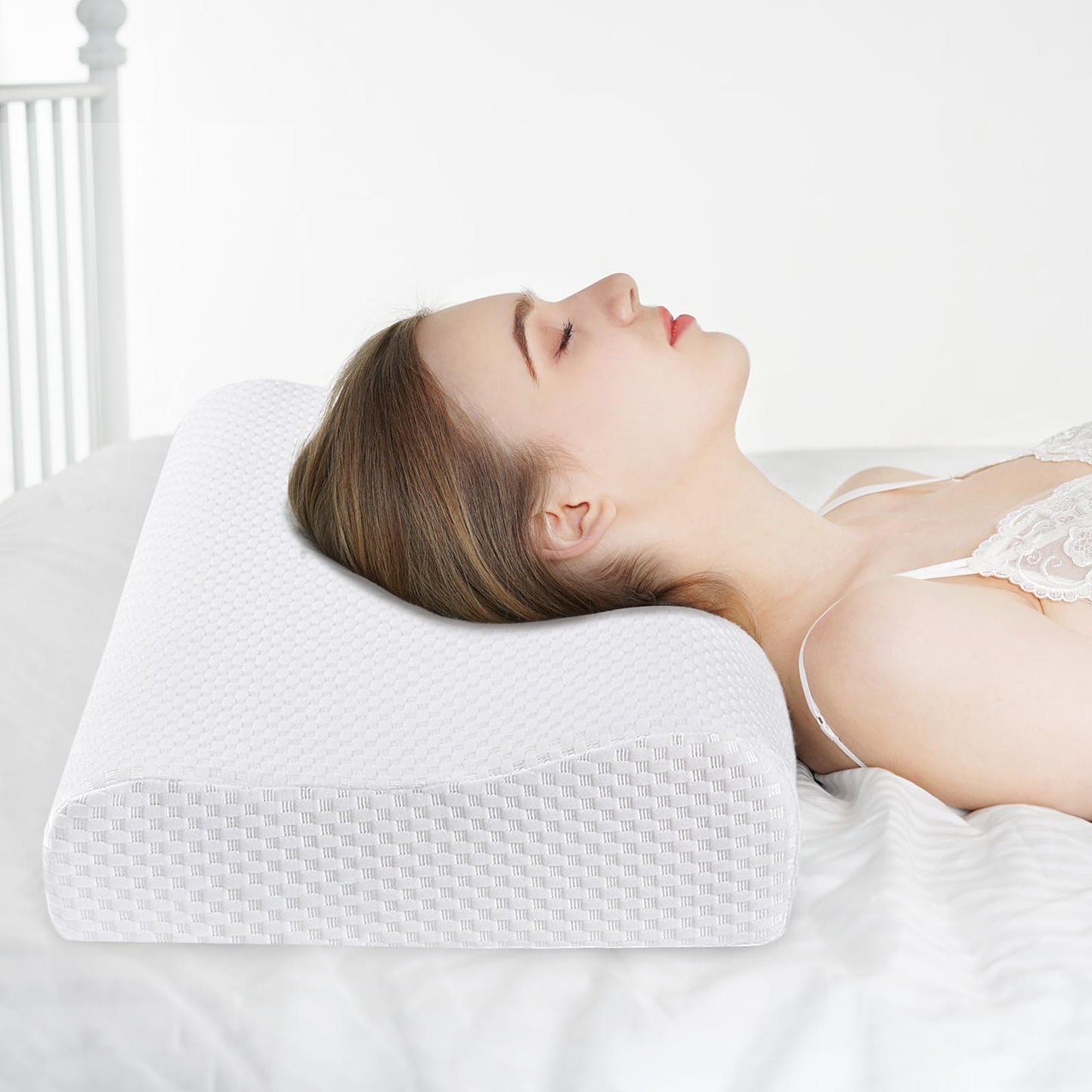 Ergonomic Memory Foam Neck Pillow (Pure White, 23.62 * 13.78 * 4.33/3.54 inch)