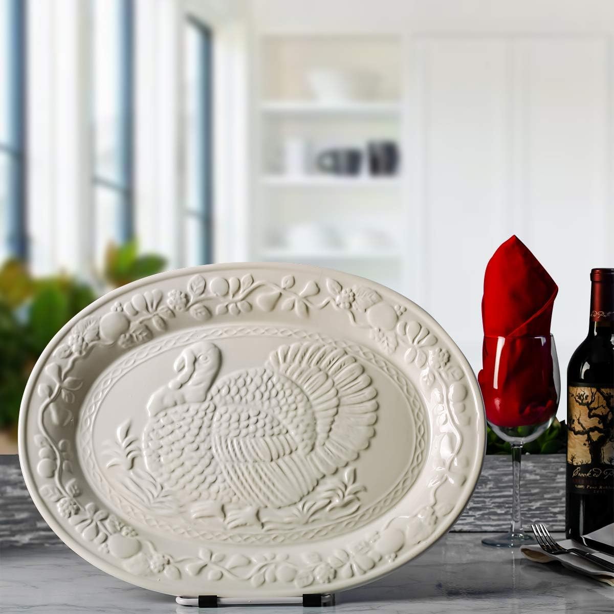 HSHQING Thanksgiving Turkey Serving Set - Large Ceramic Turkey Platter & Turkey Baster Injector - Perfect for Holiday Dinners