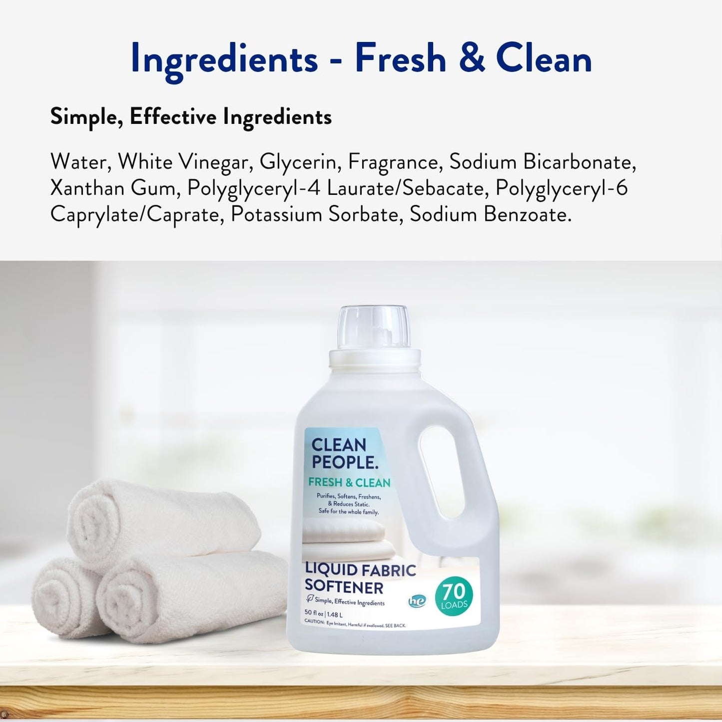 The Clean People Liquid Fabric Softener - Softens & Removes Static Cling - Vegan Scented Laundry Softener - Fresh & Clean, 50 fl oz - 74 Loads