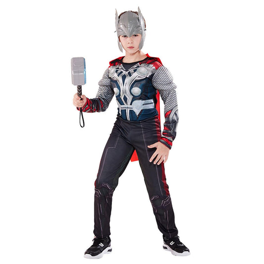 Puppyhao Super Hero Costume Kids Muscle Suit Deluxe 4Pcs SuperHero Mask Jumpsuit Cape Hammer Fun Halloween Cosplay Costume