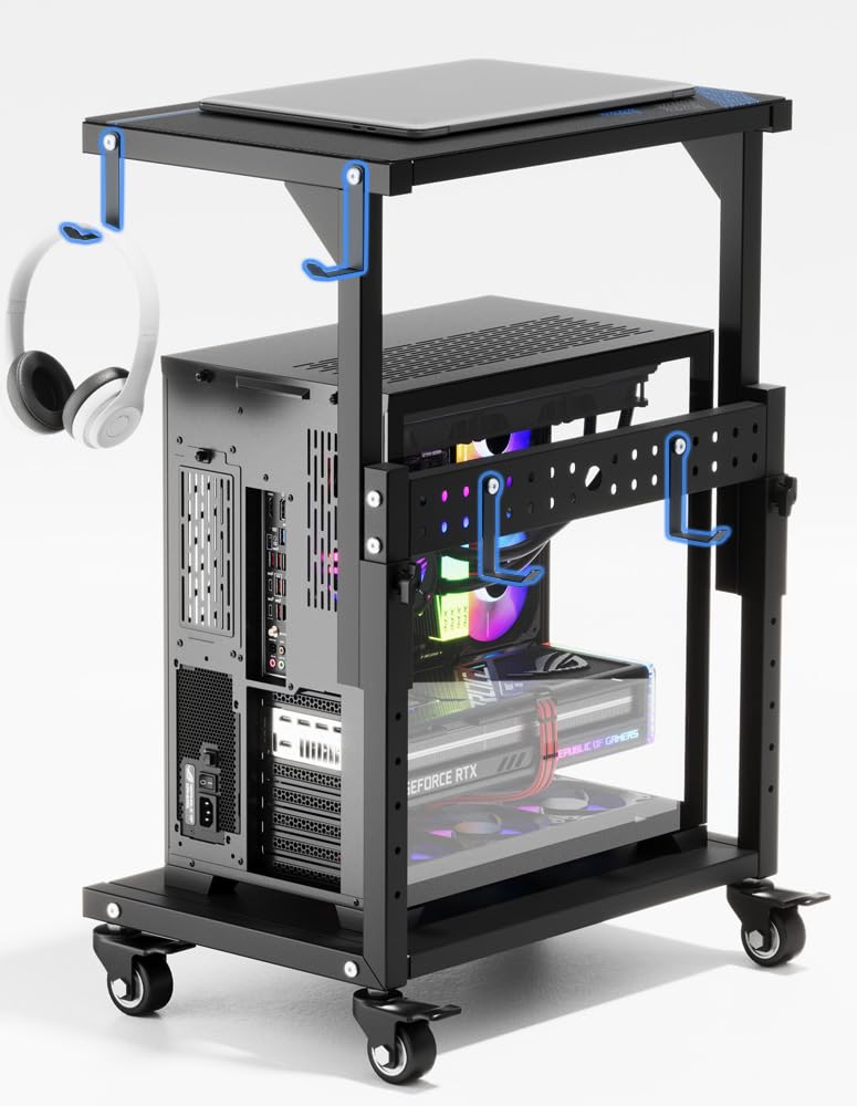 ZUAVIALA Computer Tower Stand, 6 Level Height Ajustable PC Tower Stand for Floor, Mobile Rolling CPU Holder Cart for Gaming Office Home,21.34"-28.3", Black
