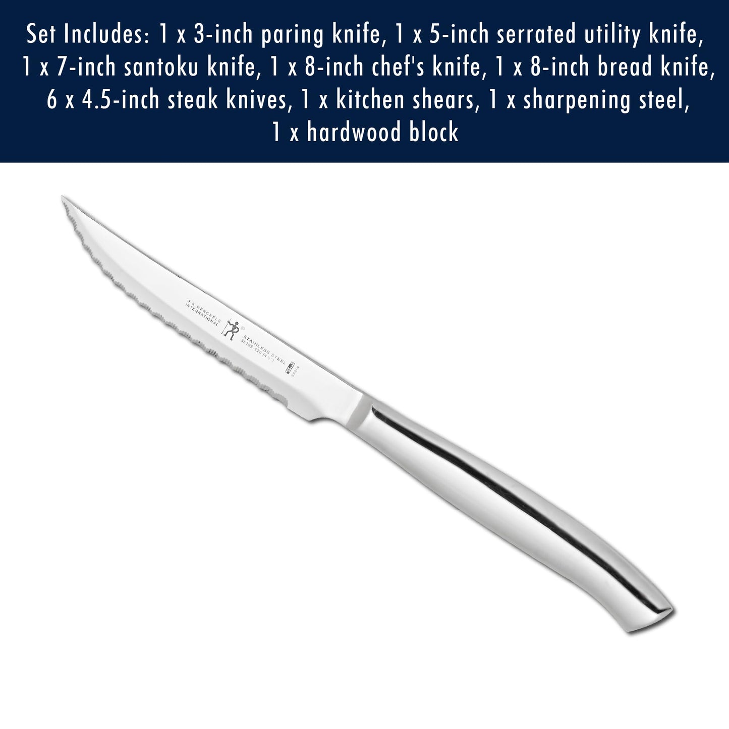 HENCKELS 4 Piece Premium Stainless Steel Kitchen Steak Knife Set, Ultra Sharp Serrated Blades, Silver – Professional Chef’s Cutlery Set