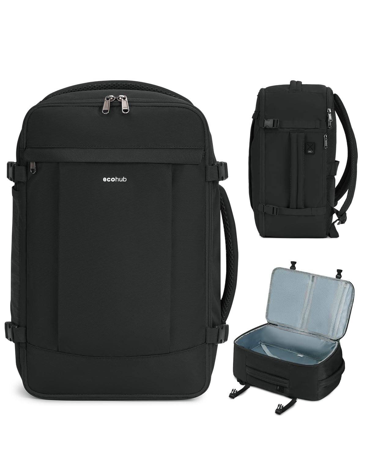 ECOHUB Travel Backpack for Women Men 17.3" Laptop Backpack Flight Approve Carry On Backpack Luggage with USB Charging Port Anti Theft Water Resistant Travel School Casual Work Backpacks 30L Black