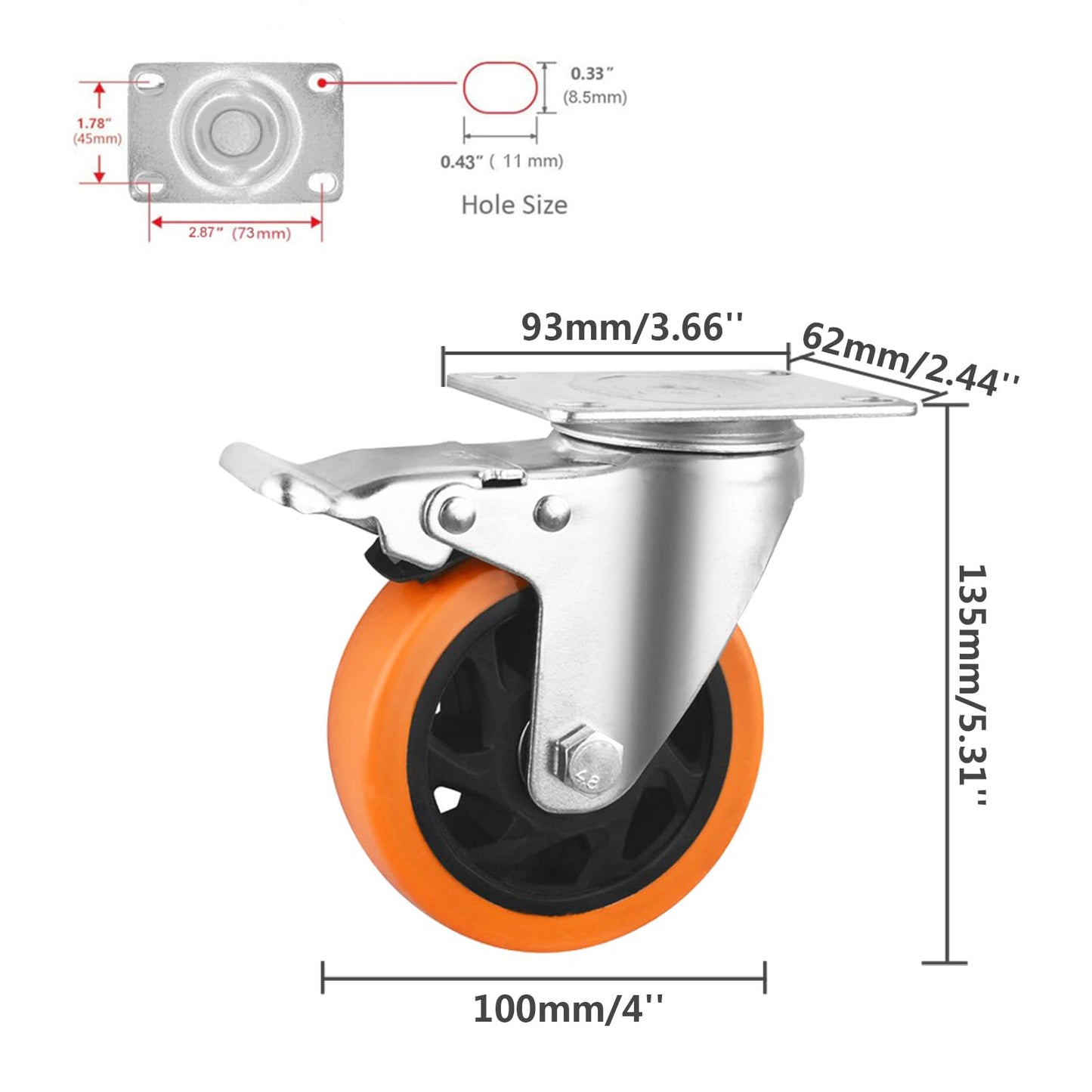 4 Inch Caster Wheels, Casters Set of 4 Heavy Duty Load 1800lb, Orange Polyurethane Swivel Casters with Brake, No Floor Marks Locking Castor Wheels for Cart Furniture Workbench (with Hardware Kits)