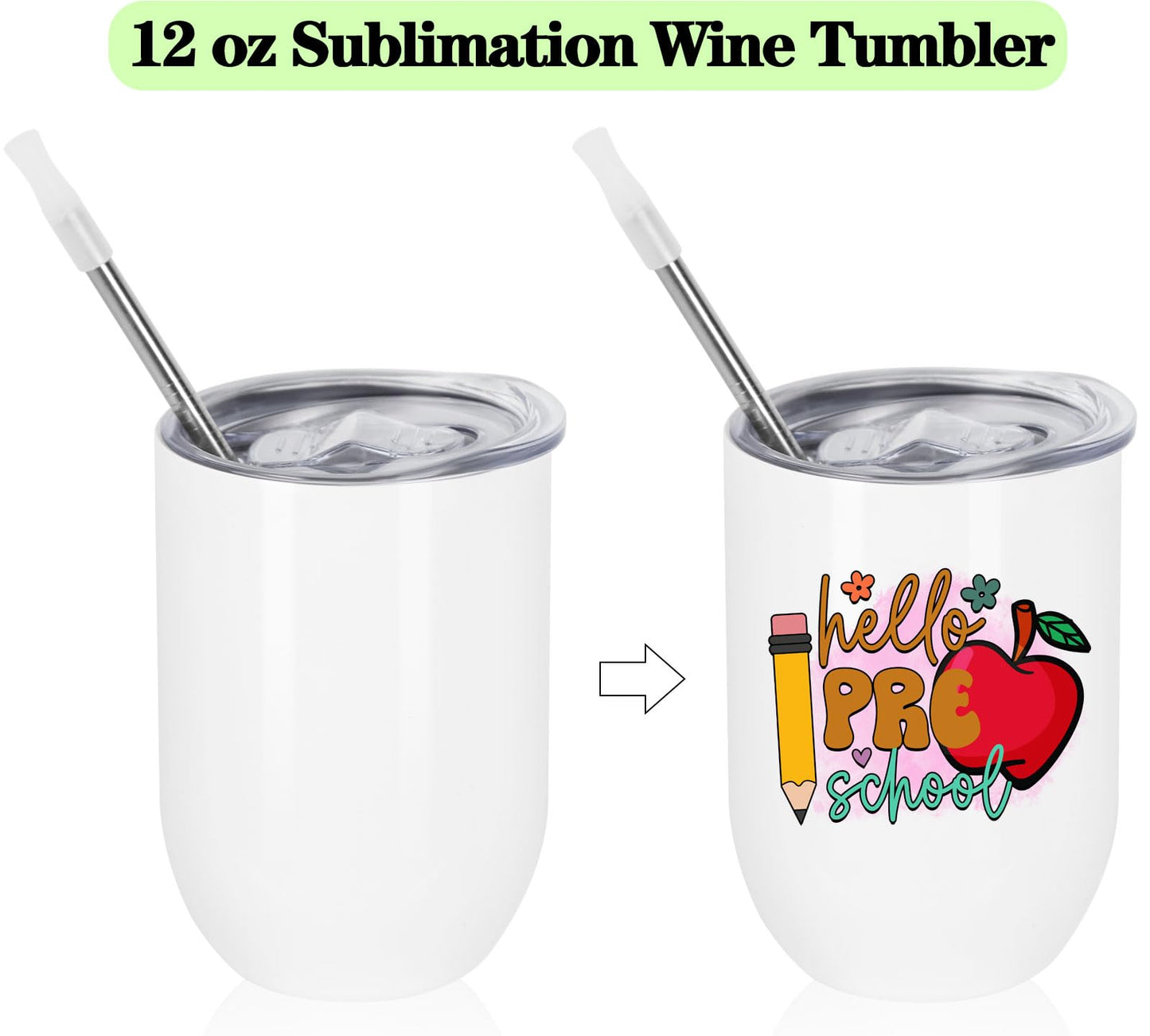 Draheri 12 Oz Stainless Steel Double Wall Insulated Wine Tumblers, Blanks in Bulk - Sublimation Cups and Mugs with Straw and Straw Brush, Individually Boxed (8 Pack)
