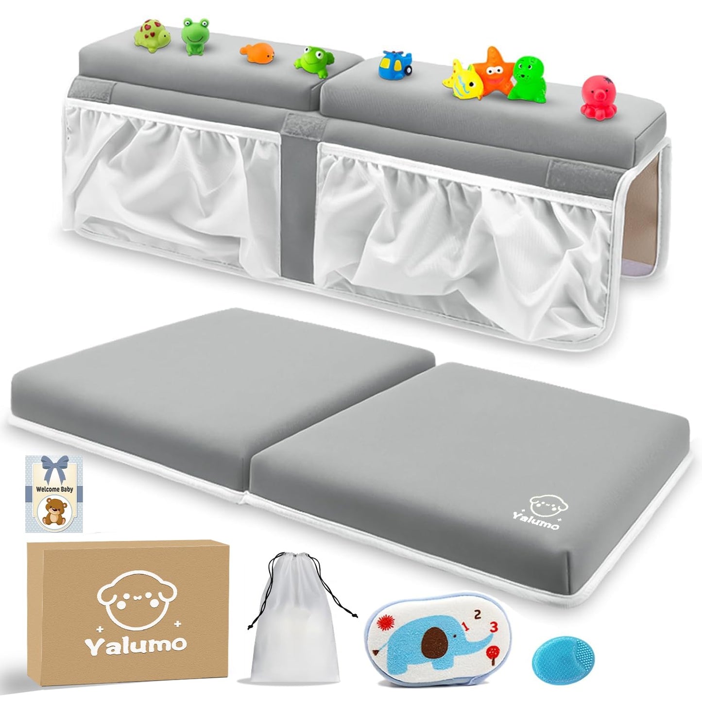 Bath Kneeler and Elbow Rest Pad Set for Baby Bathtub, Thick Non-Slip Bathing Kneeling Mat Cushion Quick Drying Bathtub Knee Saver with Arm Support and Pockets for Bathroom Time Comfort, Gray