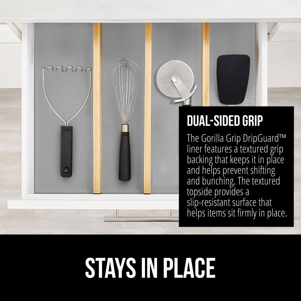 GORILLA GRIP DripGuard Drawer and Shelf Liner for Cabinet, Slip Resistant Non Adhesive Protection for Kitchen, BPA Free Smooth Surface Plastic Liners for Cabinets, Bathroom Drawers, 20x20, Gray