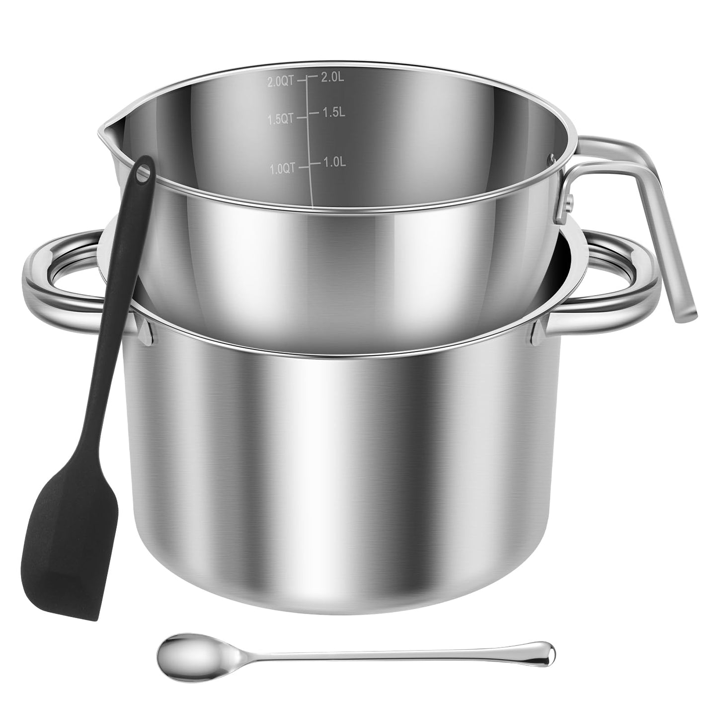 304 Stainless Steel Double Boiler Pot Set 2QT Chocolate Melting Bowl with Scale and Handle 2.6QT Dual-Handle Pot with Silicone Spatula and Spoon Stackable for Butter Chocolate Wax Sugar (A)